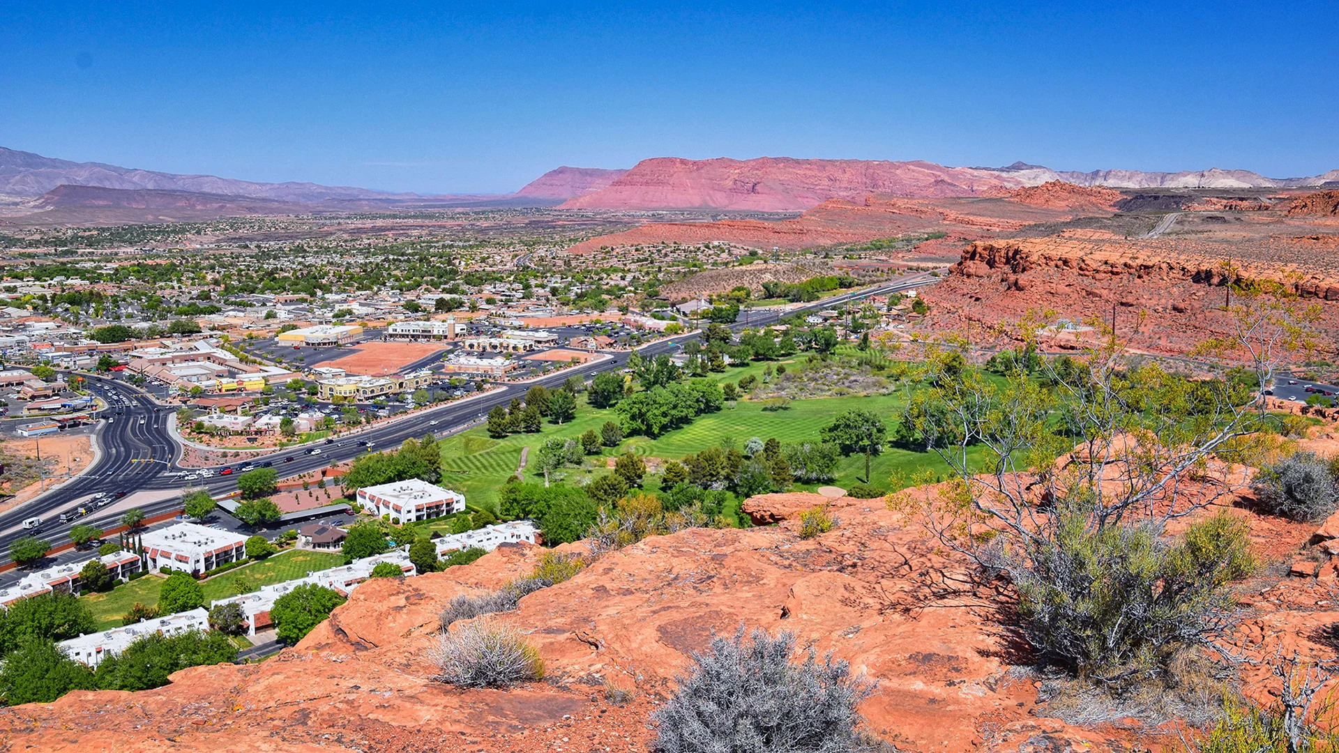 St. George, Utah, with red rock around the city